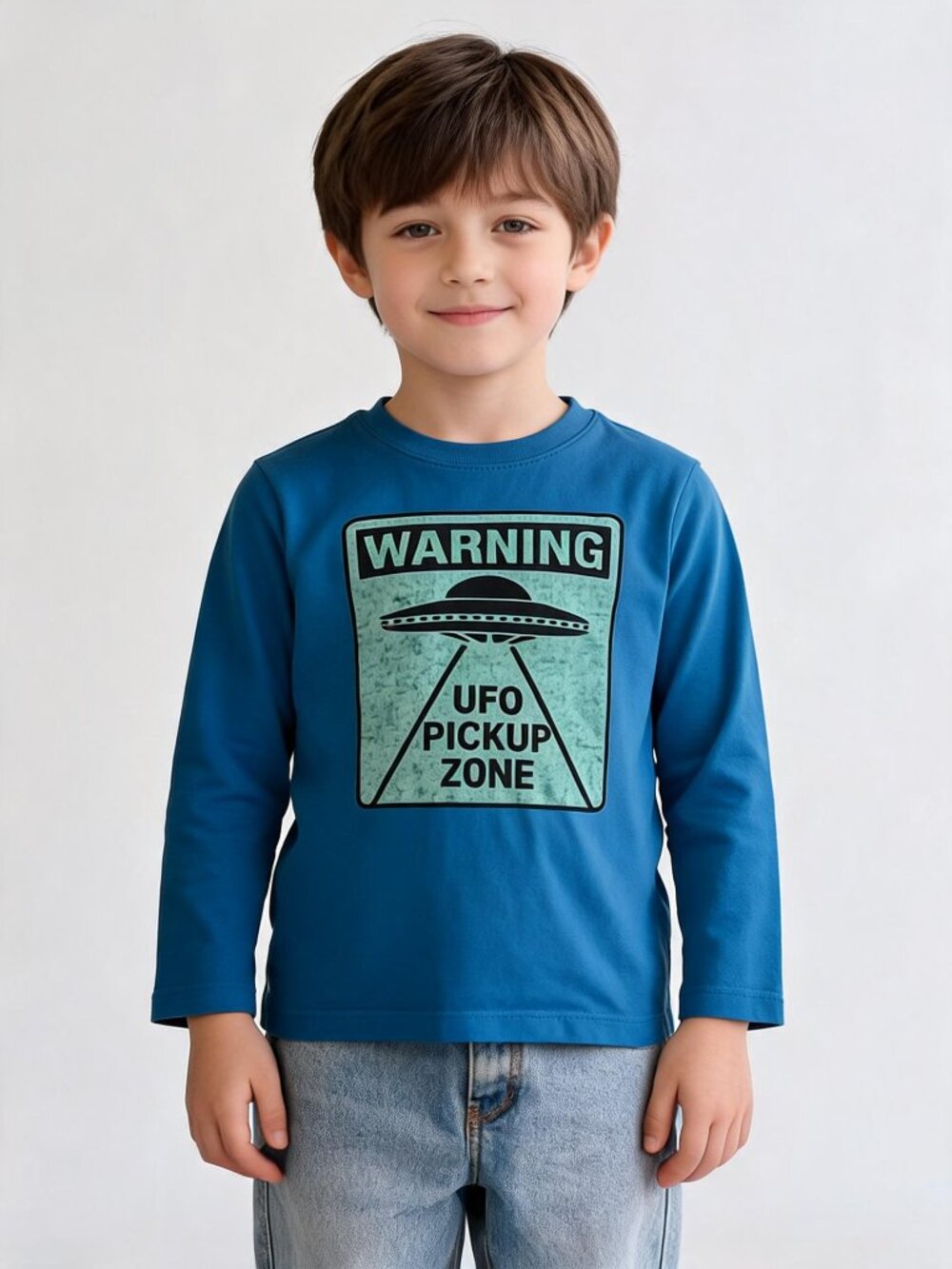 Warning UFO Pickup Zone Blue Long Sleeve Tee Size 6 Kids Graphic Space Shirt